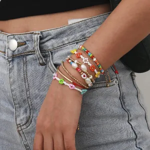 Bohemian Surfer Heishi Bracelets 8pcs Set Friendship Colorful Beaded Pearl Bracelet Elastic Alphabet Hand Chain for Women and Girls