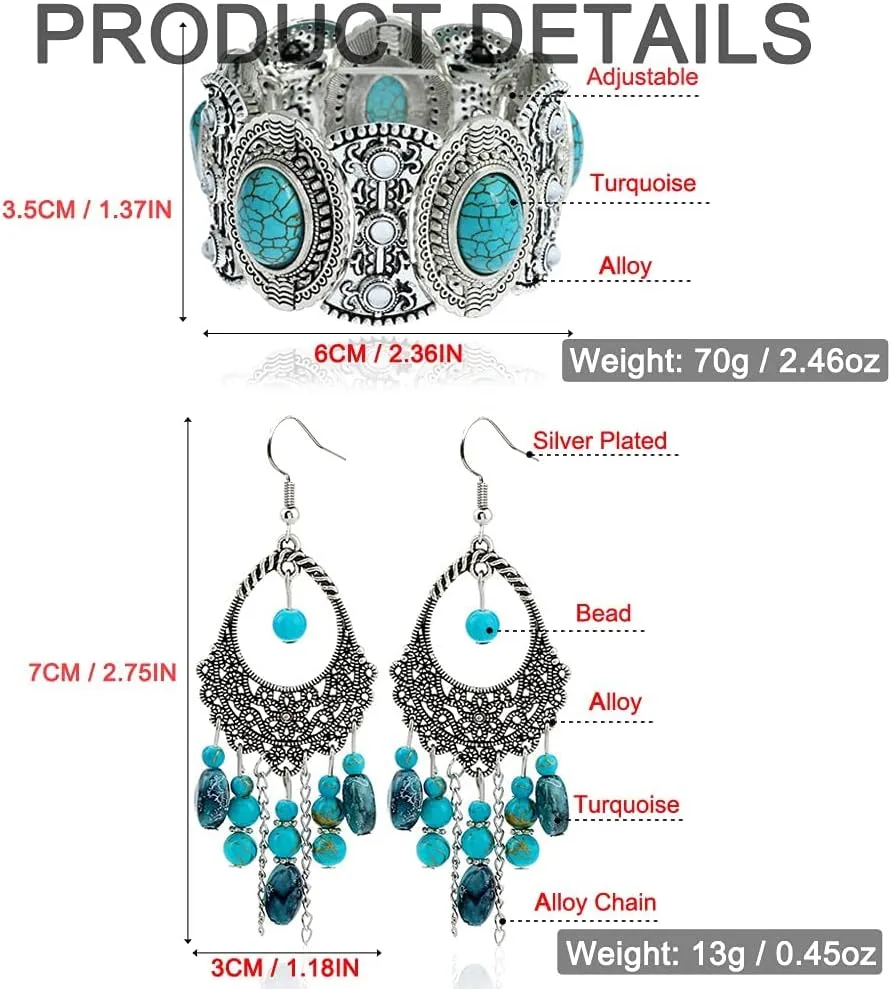 Bohemian Turquoise Necklace Set - Women's Western Jewelry with Long Choker, Pendant, Dangle Earrings, Layered Bracelets