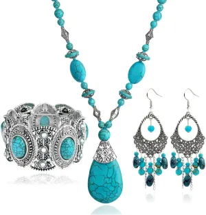 Bohemian Turquoise Necklace Set - Women's Western Jewelry with Long Choker, Pendant, Dangle Earrings, Layered Bracelets