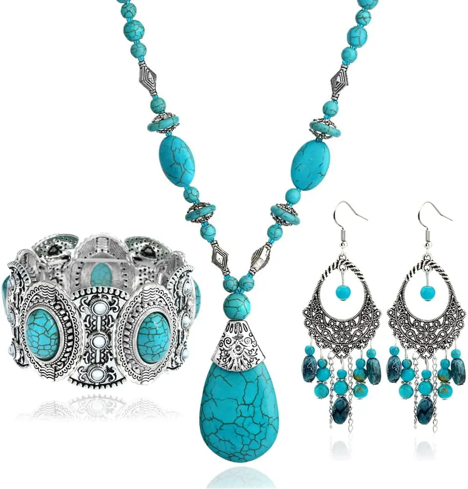 Bohemian Turquoise Necklace Set - Women's Western Jewelry with Long Choker, Pendant, Dangle Earrings, Layered Bracelets