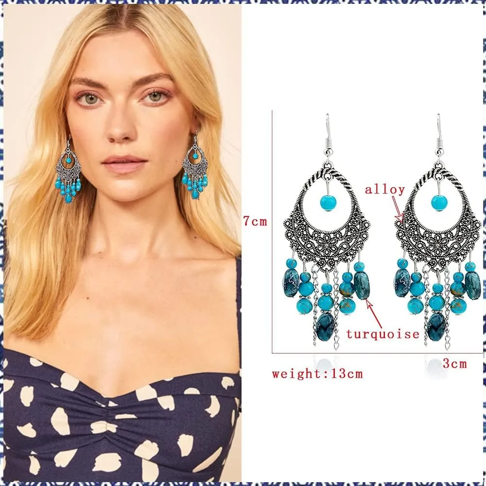 Bohemian Turquoise Necklace Set - Women's Western Jewelry with Long Choker, Pendant, Dangle Earrings, Layered Bracelets