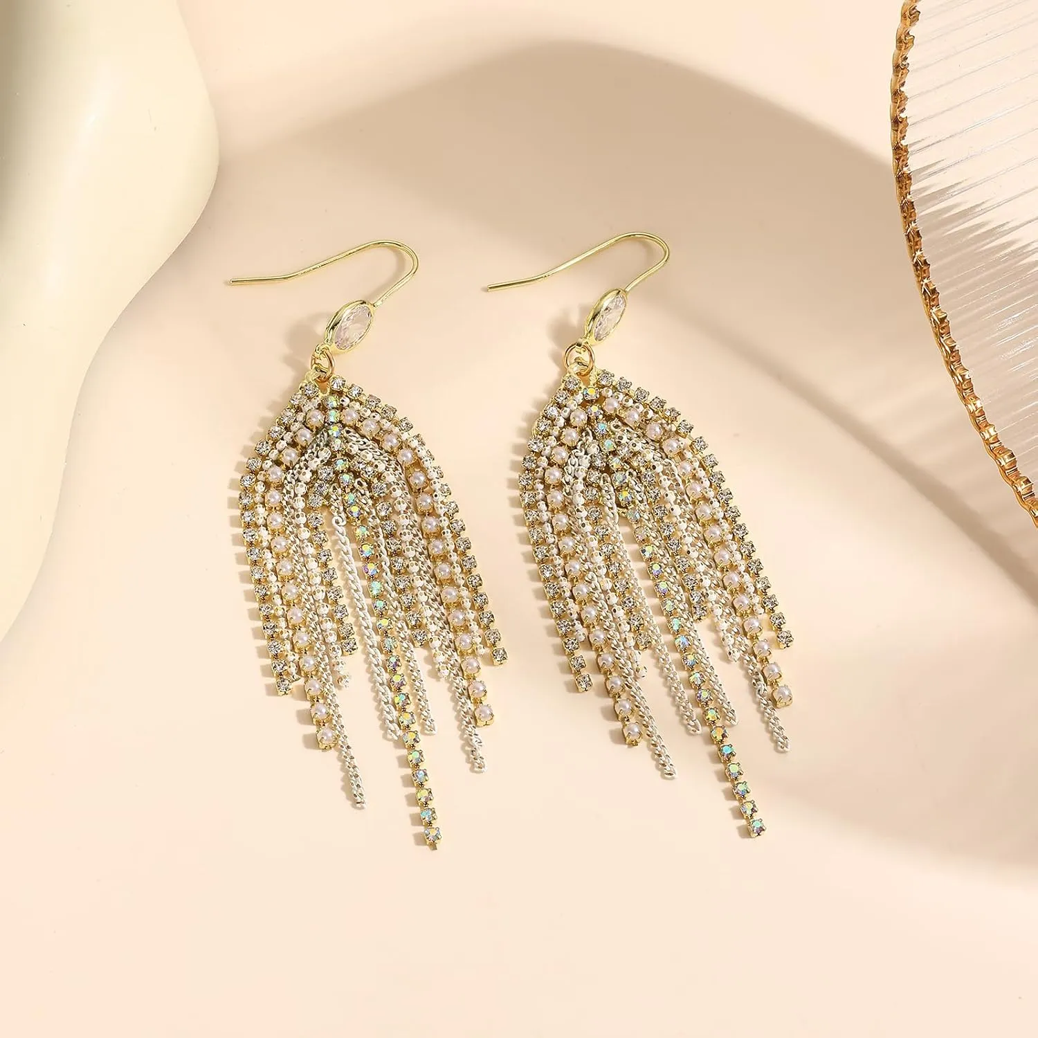 Boho Chandelier Fringe Drop Dangle Earrings For Women,Long Rhinestone Formal Country Concert Bohemian CZ Crystal Chain Jewelry Tassel Earrings For Wedding Bride Bridesmaid Party Prom