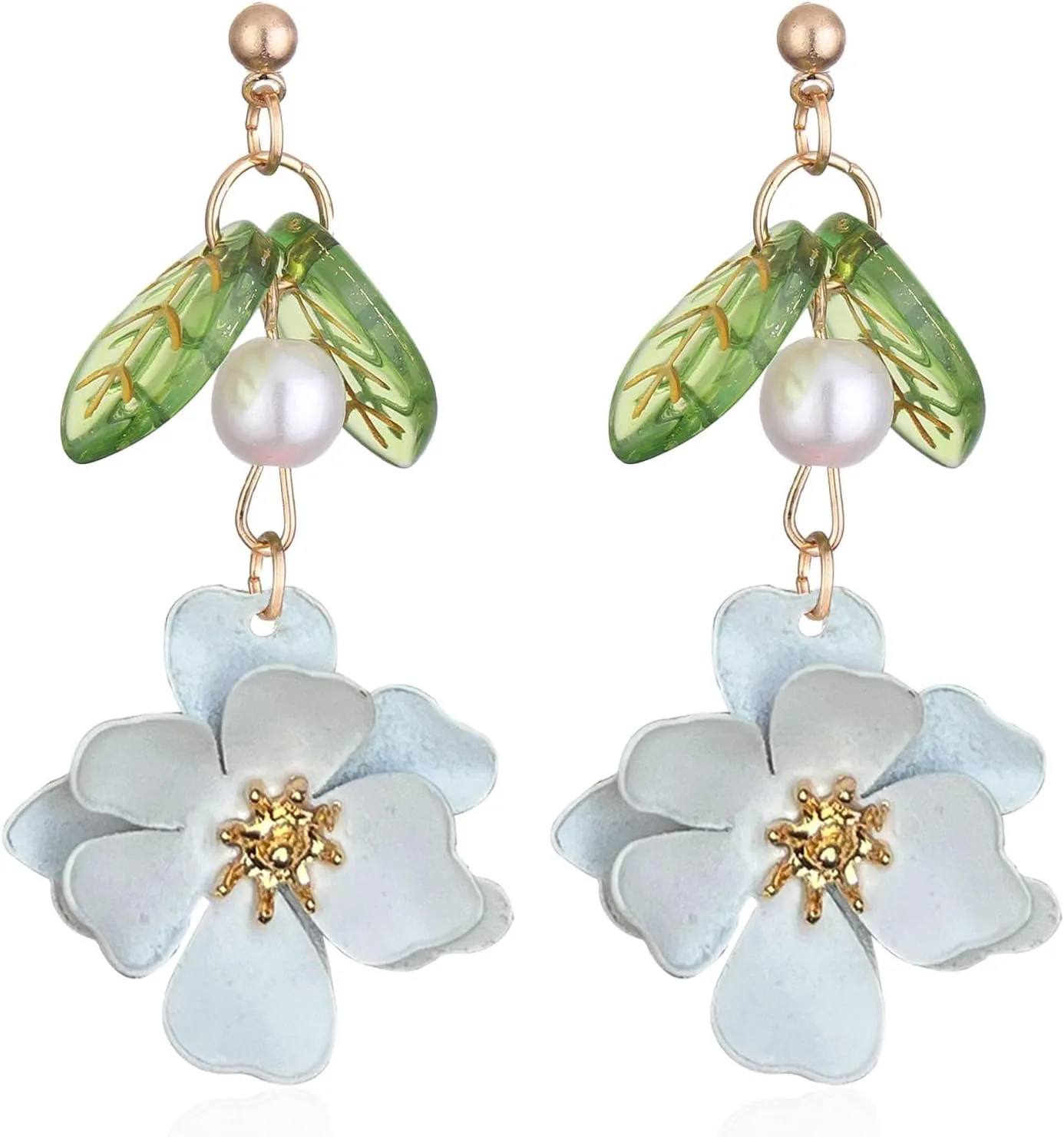 Boho Flower Dangle Earrings for Women Cute Pearl Leaf Sakura Leaf Fairy Statement Summer Seaside Idyllic Holiday Earrings
