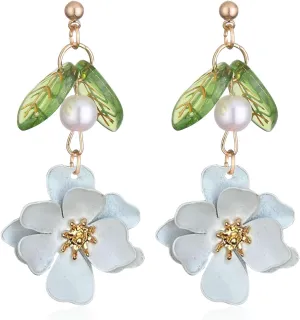 Boho Flower Dangle Earrings for Women Cute Pearl Leaf Sakura Leaf Fairy Statement Summer Seaside Idyllic Holiday Earrings