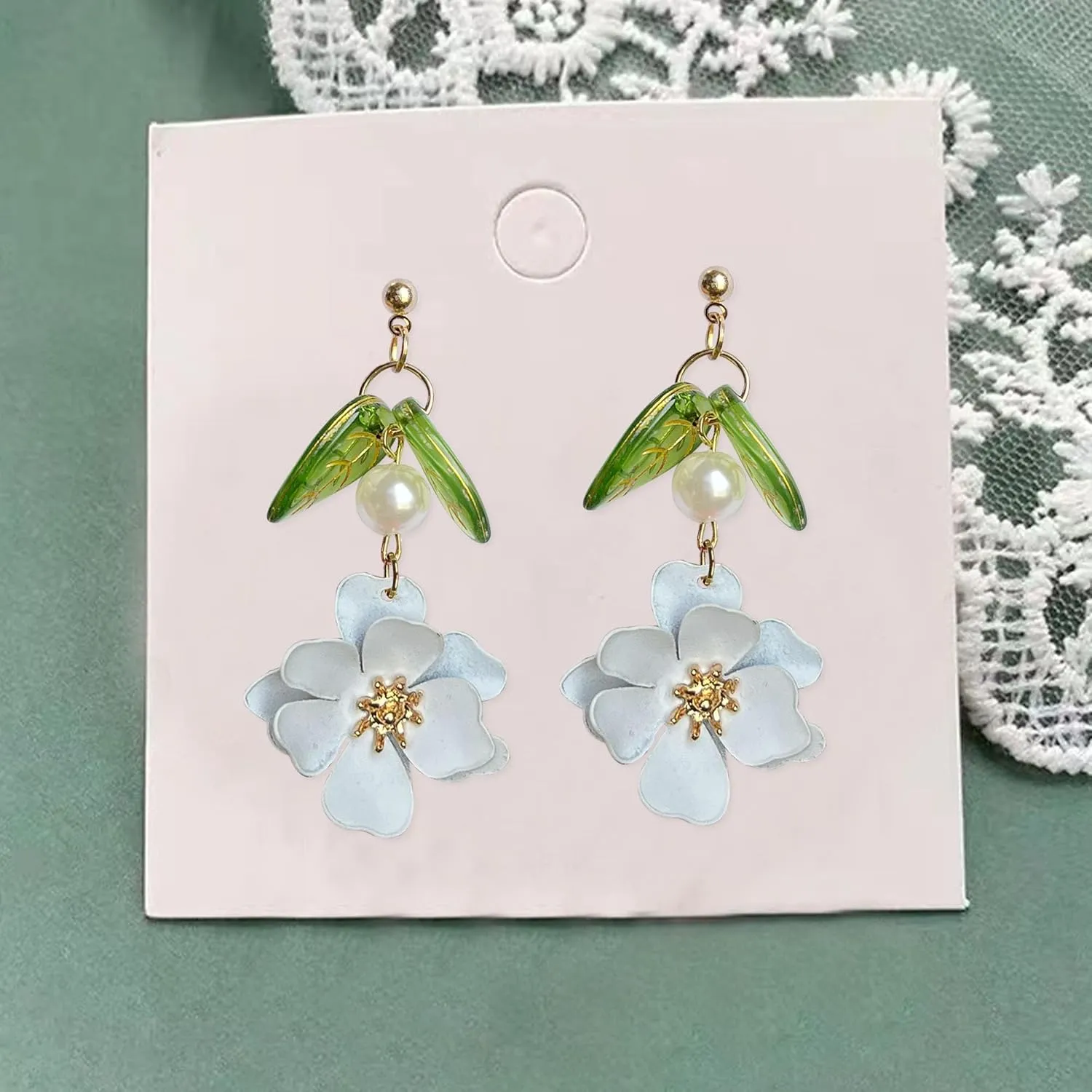 Boho Flower Dangle Earrings for Women Cute Pearl Leaf Sakura Leaf Fairy Statement Summer Seaside Idyllic Holiday Earrings