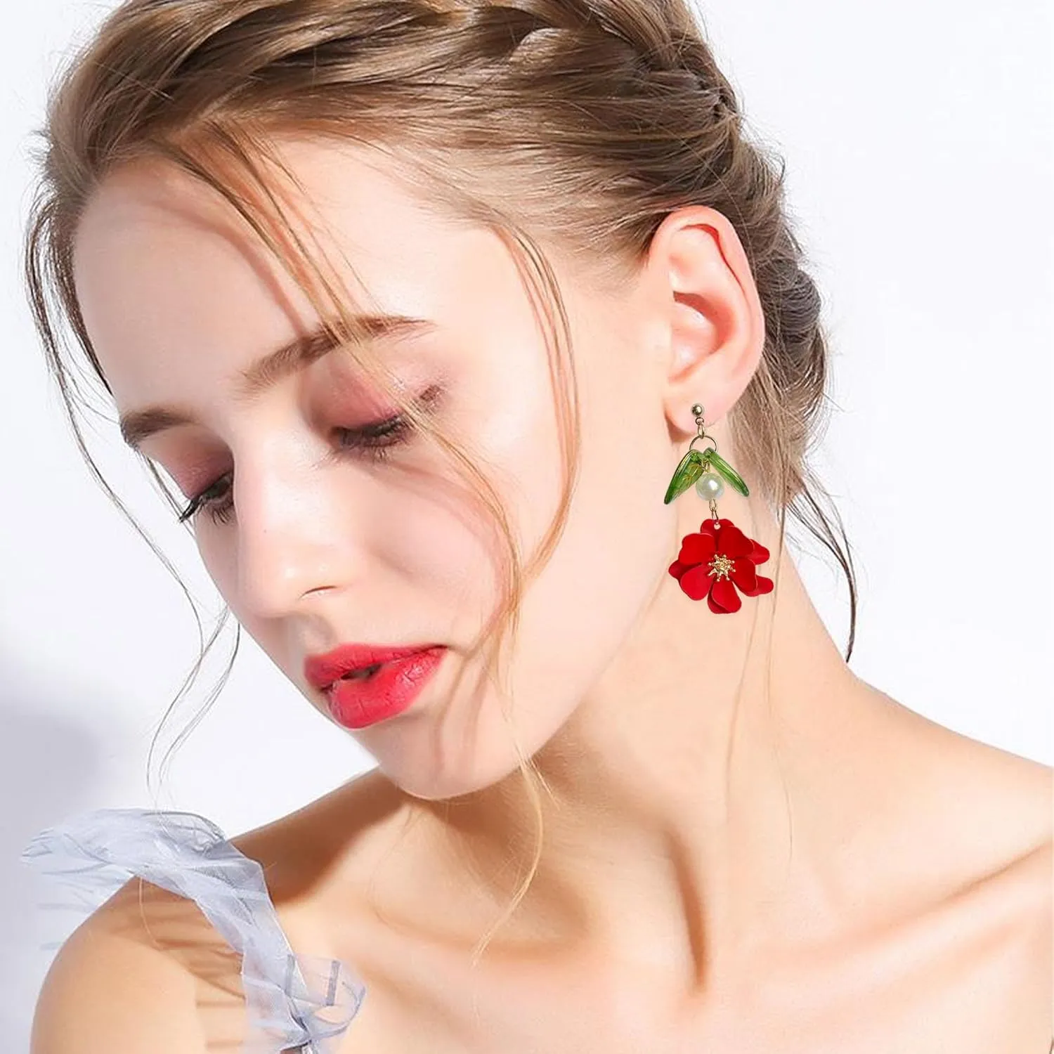 Boho Flower Dangle Earrings for Women Cute Pearl Leaf Sakura Leaf Fairy Statement Summer Seaside Idyllic Holiday Earrings