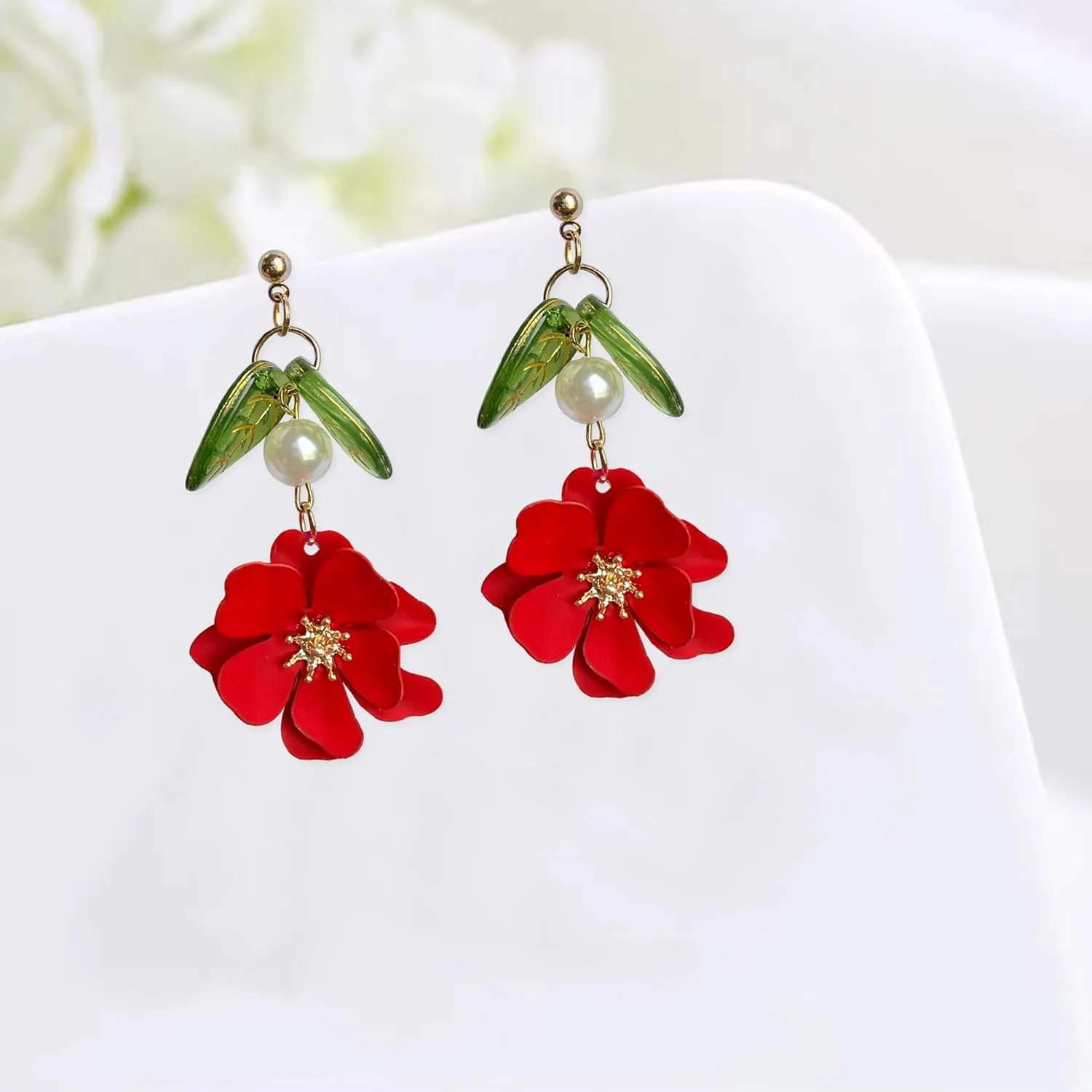Boho Flower Dangle Earrings for Women Cute Pearl Leaf Sakura Leaf Fairy Statement Summer Seaside Idyllic Holiday Earrings