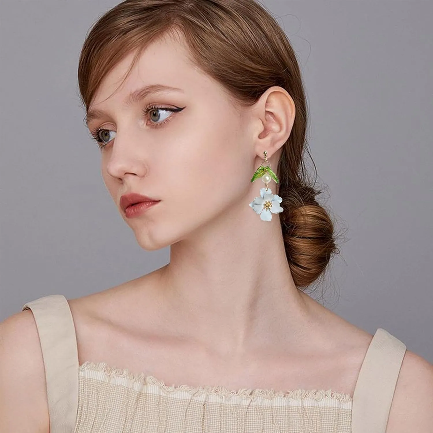 Boho Flower Dangle Earrings for Women Cute Pearl Leaf Sakura Leaf Fairy Statement Summer Seaside Idyllic Holiday Earrings