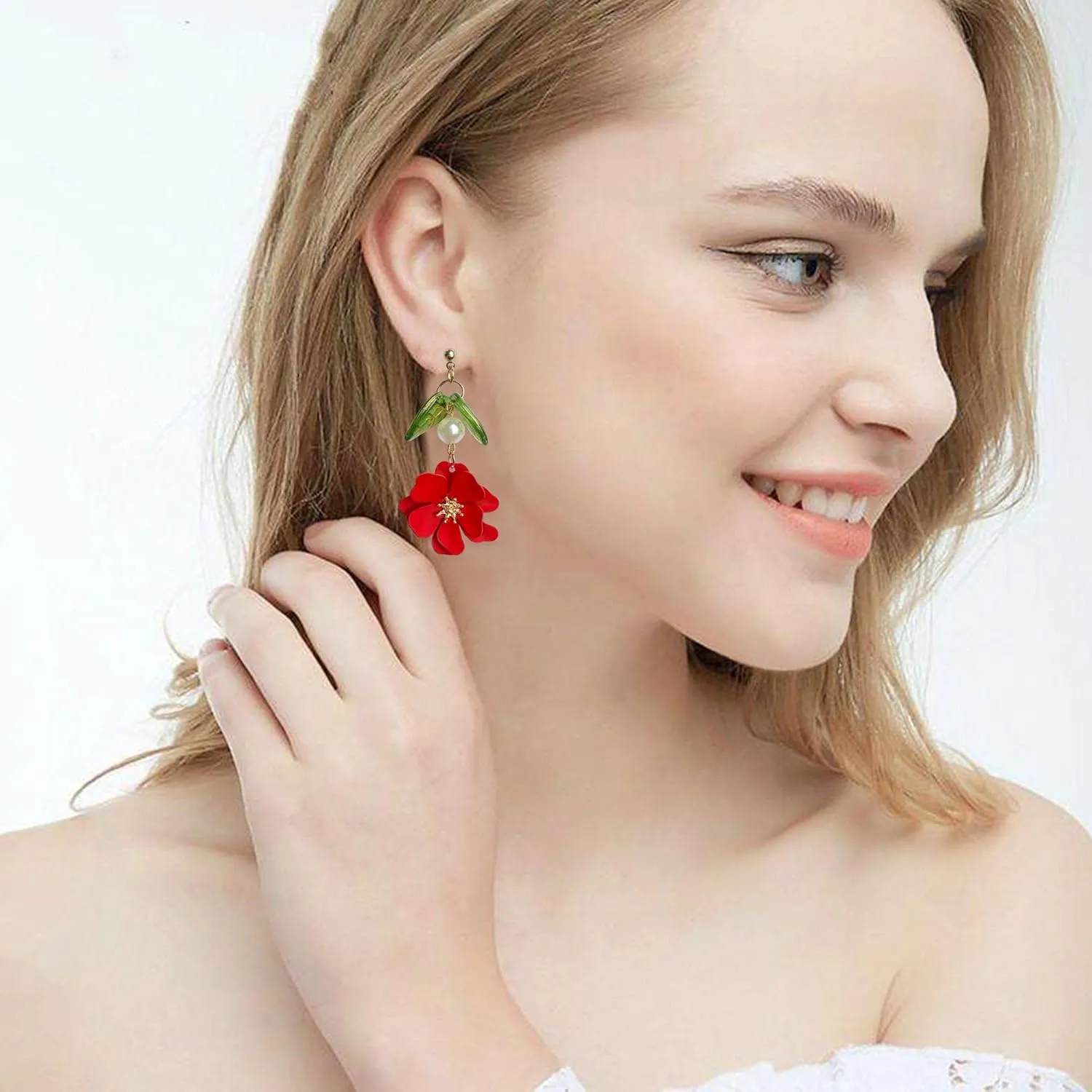 Boho Flower Dangle Earrings for Women Cute Pearl Leaf Sakura Leaf Fairy Statement Summer Seaside Idyllic Holiday Earrings
