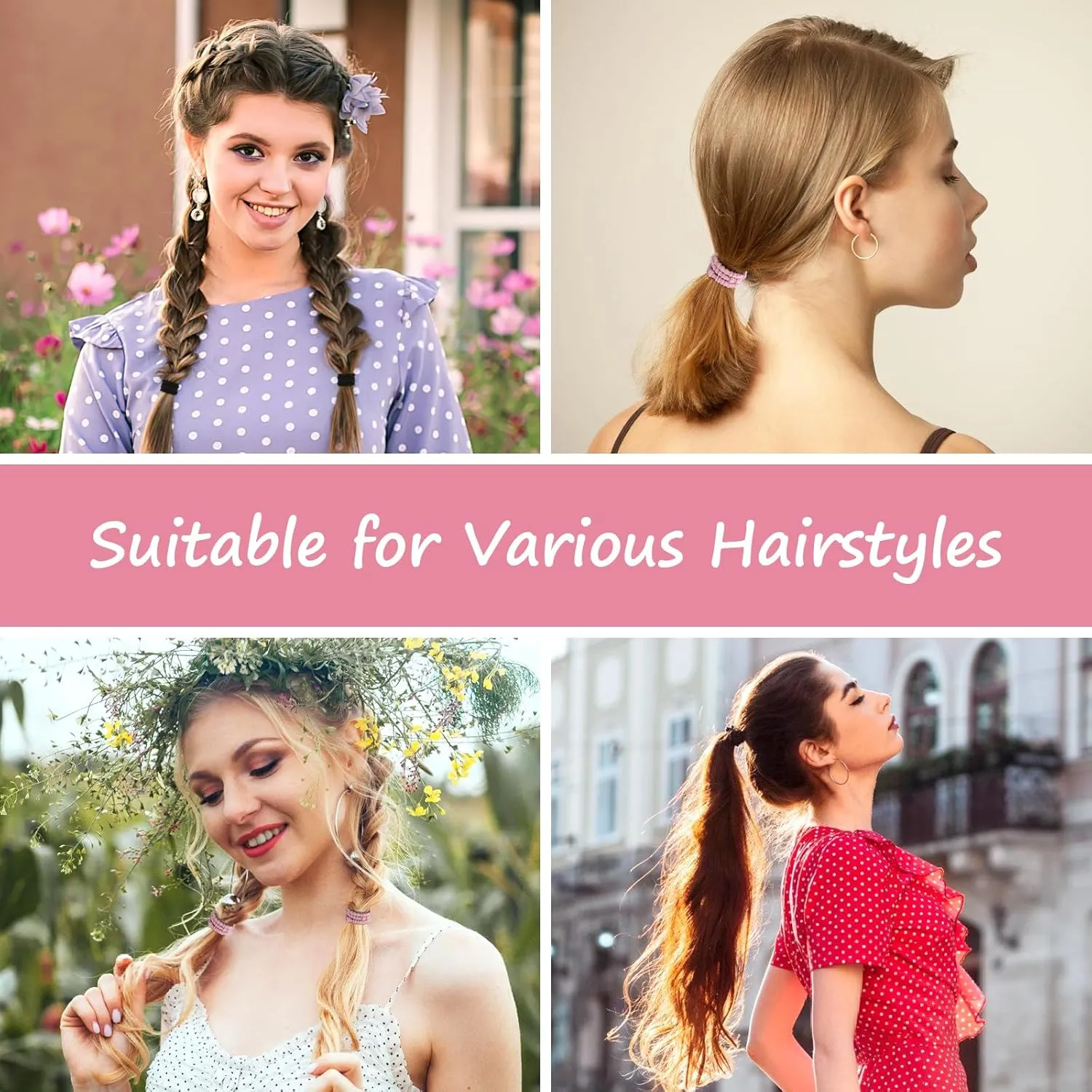 Boho Hair Ties, 20 PCS of 4 Styles Cute Hair Bands for Thick or Thin Hair, No Damage Boho Hair Tie Bracelets, Pink Elastic Hair Accessories for Girls and Women