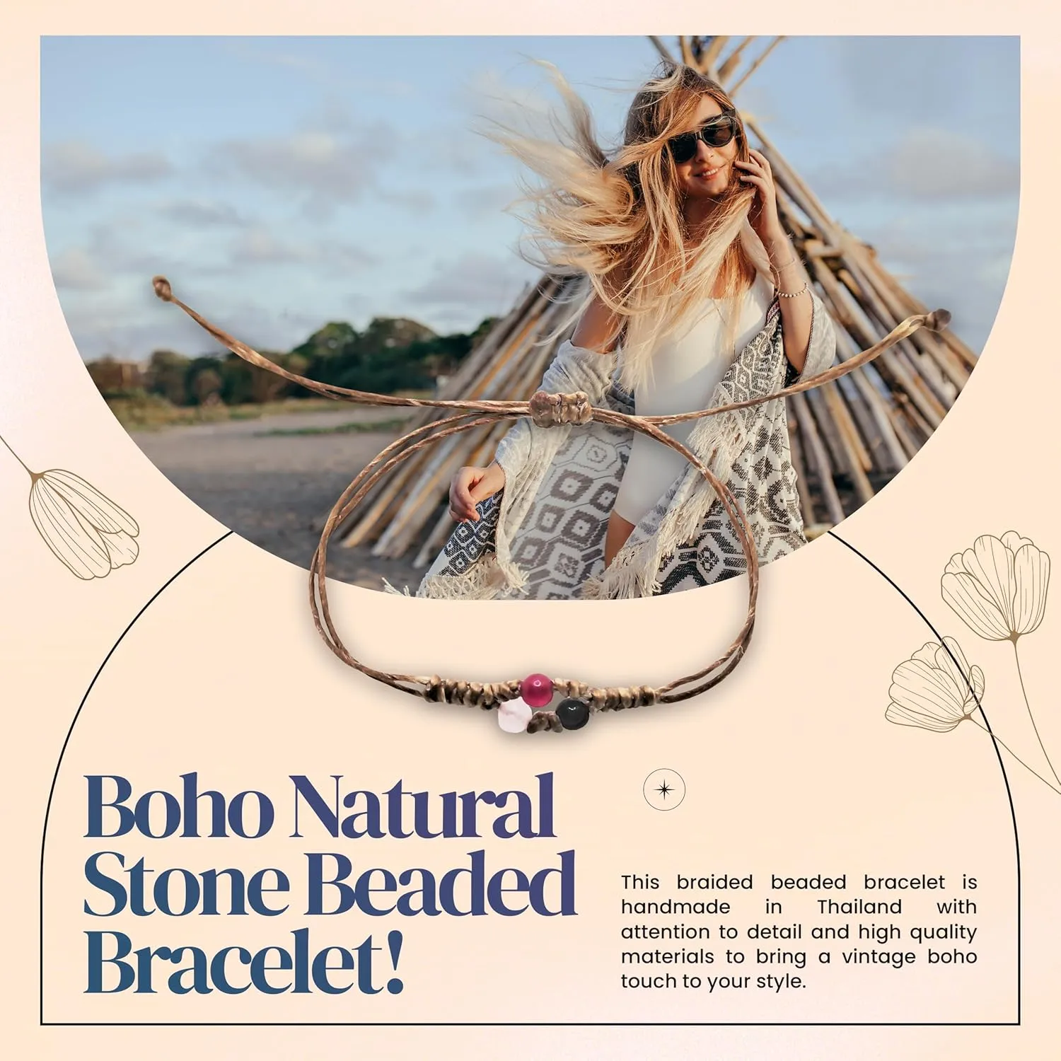 Boho Natural Stone Beaded Bracelet - Braided Hand Woven Wristbands - Adjustable Pull Chain - Vintage Gift for Women Girls (Earth)