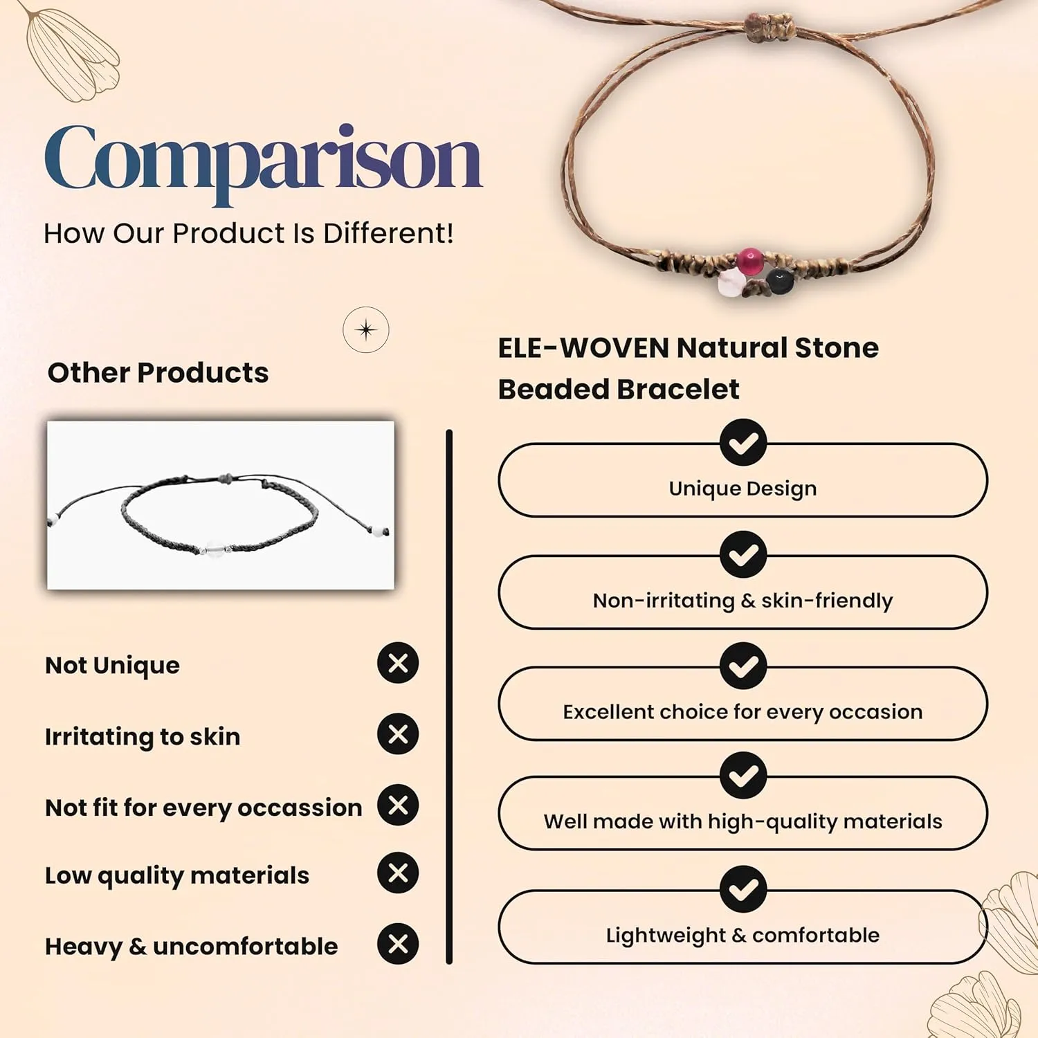 Boho Natural Stone Beaded Bracelet - Braided Hand Woven Wristbands - Adjustable Pull Chain - Vintage Gift for Women Girls (Earth)