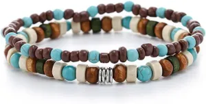 Boho Turquoise Bracelet Wooden Beaded Bracelets Stretch Wrap Bracelet Jewelry for Women and Men 2Pcs