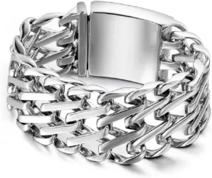 Bold Masculine Silver 316L Stainless Steel 32mm Wide American Gothic Retro Mesh Link Bracelet for Men