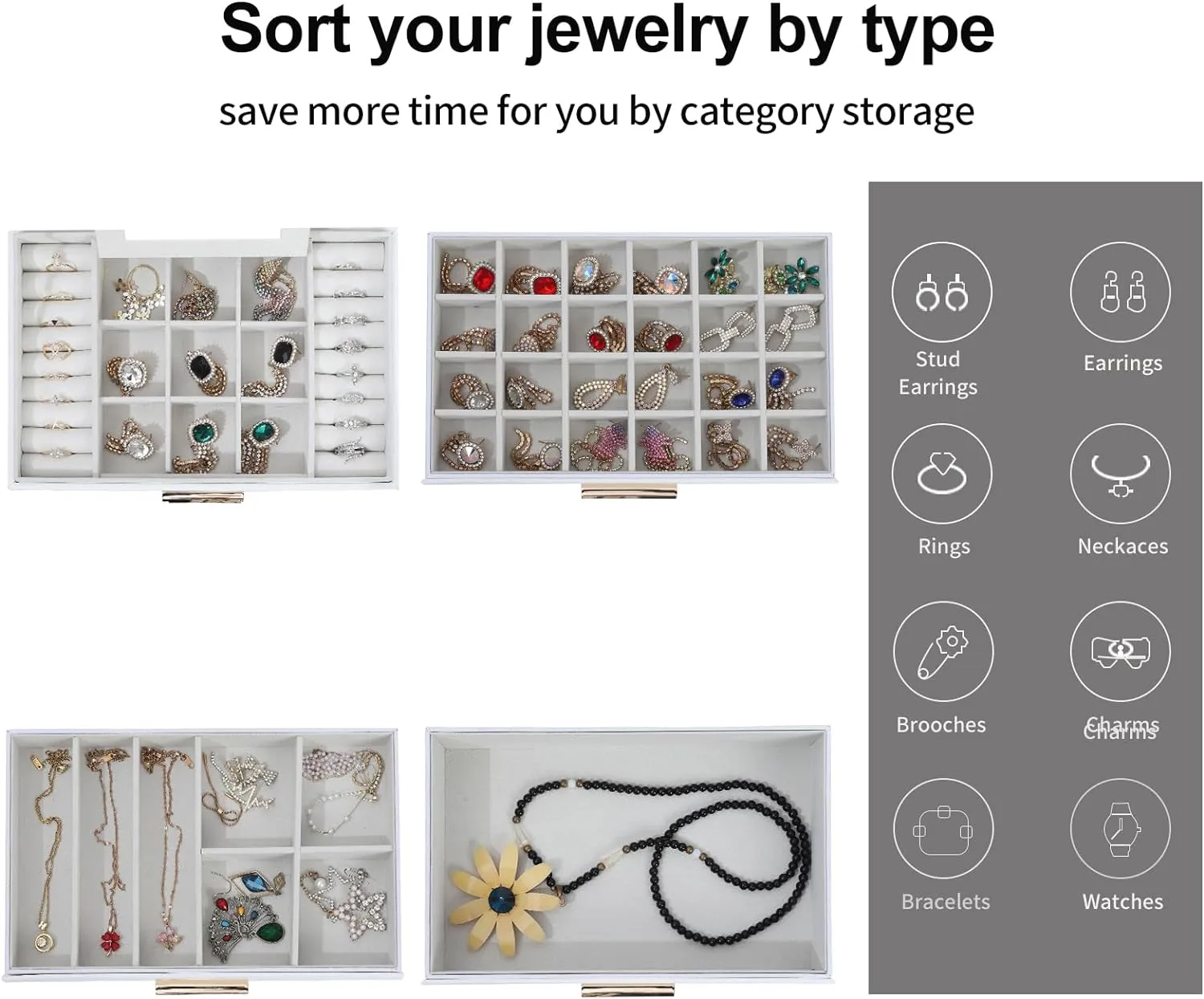 BOOVO Jewelry Boxes for Women, White and Black 4 Layer Large Jewelry Box for Necklace, Bracelet, Earrings, Rings Storage, Jewelry holder Organizer for Girls Gift (Clear White, 4 layer)