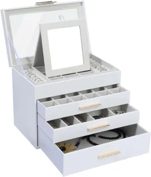 BOOVO Jewelry Boxes for Women, White and Black 4 Layer Large Jewelry Box for Necklace, Bracelet, Earrings, Rings Storage, Jewelry holder Organizer for Girls Gift (Clear White, 4 layer)