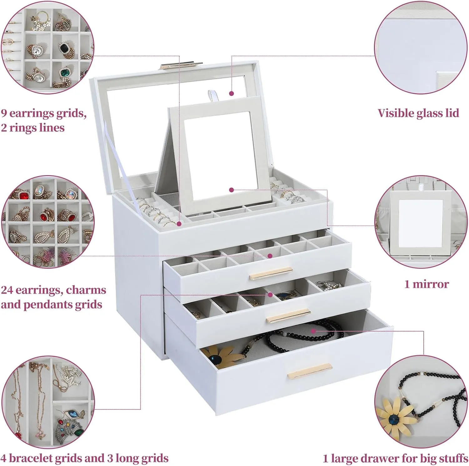 BOOVO Jewelry Boxes for Women, White and Black 4 Layer Large Jewelry Box for Necklace, Bracelet, Earrings, Rings Storage, Jewelry holder Organizer for Girls Gift (Clear White, 4 layer)