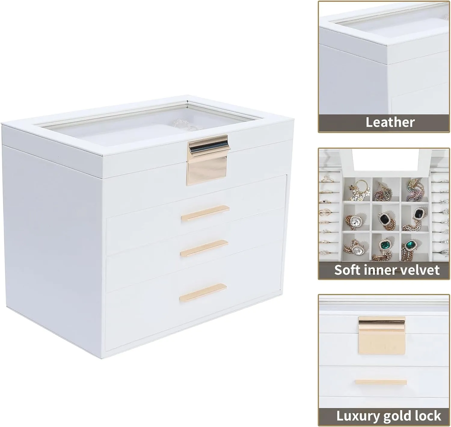 BOOVO Jewelry Boxes for Women, White and Black 4 Layer Large Jewelry Box for Necklace, Bracelet, Earrings, Rings Storage, Jewelry holder Organizer for Girls Gift (Clear White, 4 layer)