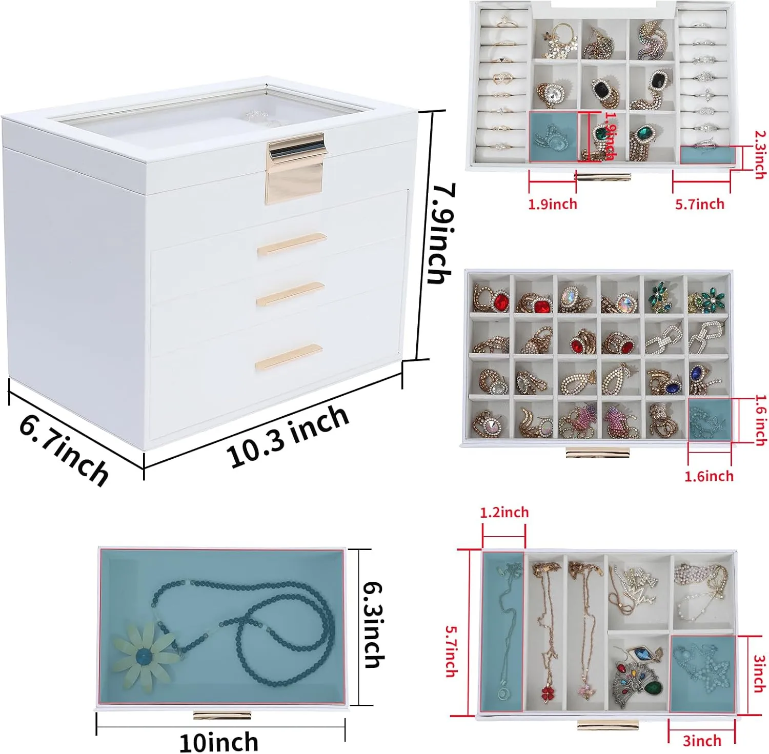 BOOVO Jewelry Boxes for Women, White and Black 4 Layer Large Jewelry Box for Necklace, Bracelet, Earrings, Rings Storage, Jewelry holder Organizer for Girls Gift (Clear White, 4 layer)