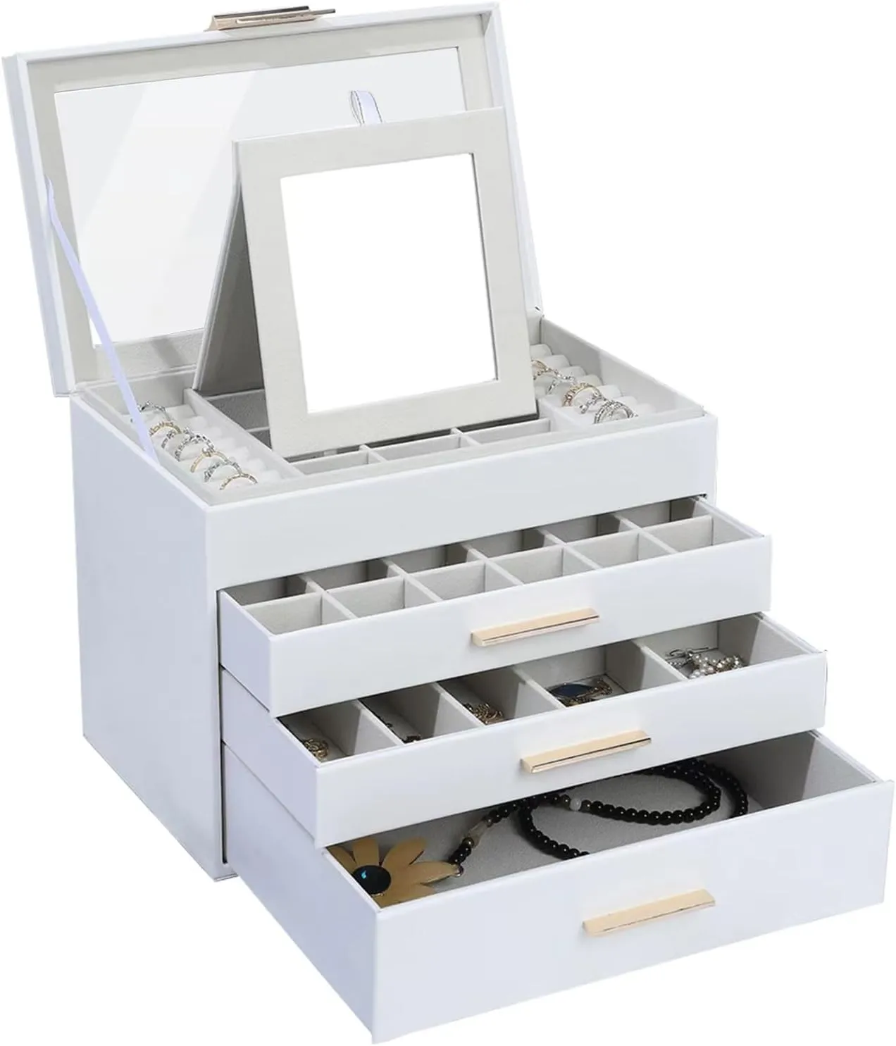 BOOVO Jewelry Boxes for Women, White and Black 4 Layer Large Jewelry Box for Necklace, Bracelet, Earrings, Rings Storage, Jewelry holder Organizer for Girls Gift (Clear White, 4 layer)