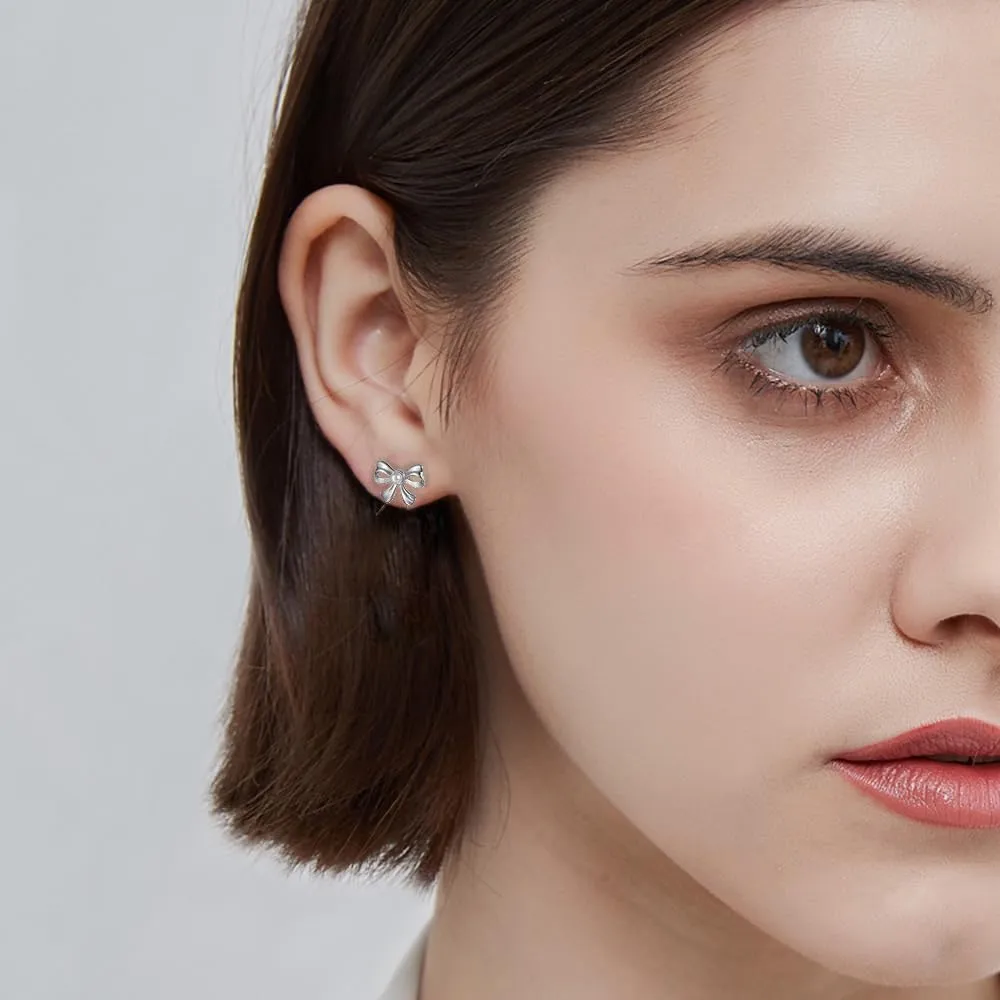 Bow Pearl Stud Earrings for Women Stainless Steel Post Ribbon Knot Studs Earrings Minimalist Bow Tie Hypoallergenic Ear Earrings for Dainty Jewelry