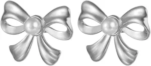 Bow Pearl Stud Earrings for Women Stainless Steel Post Ribbon Knot Studs Earrings Minimalist Bow Tie Hypoallergenic Ear Earrings for Dainty Jewelry