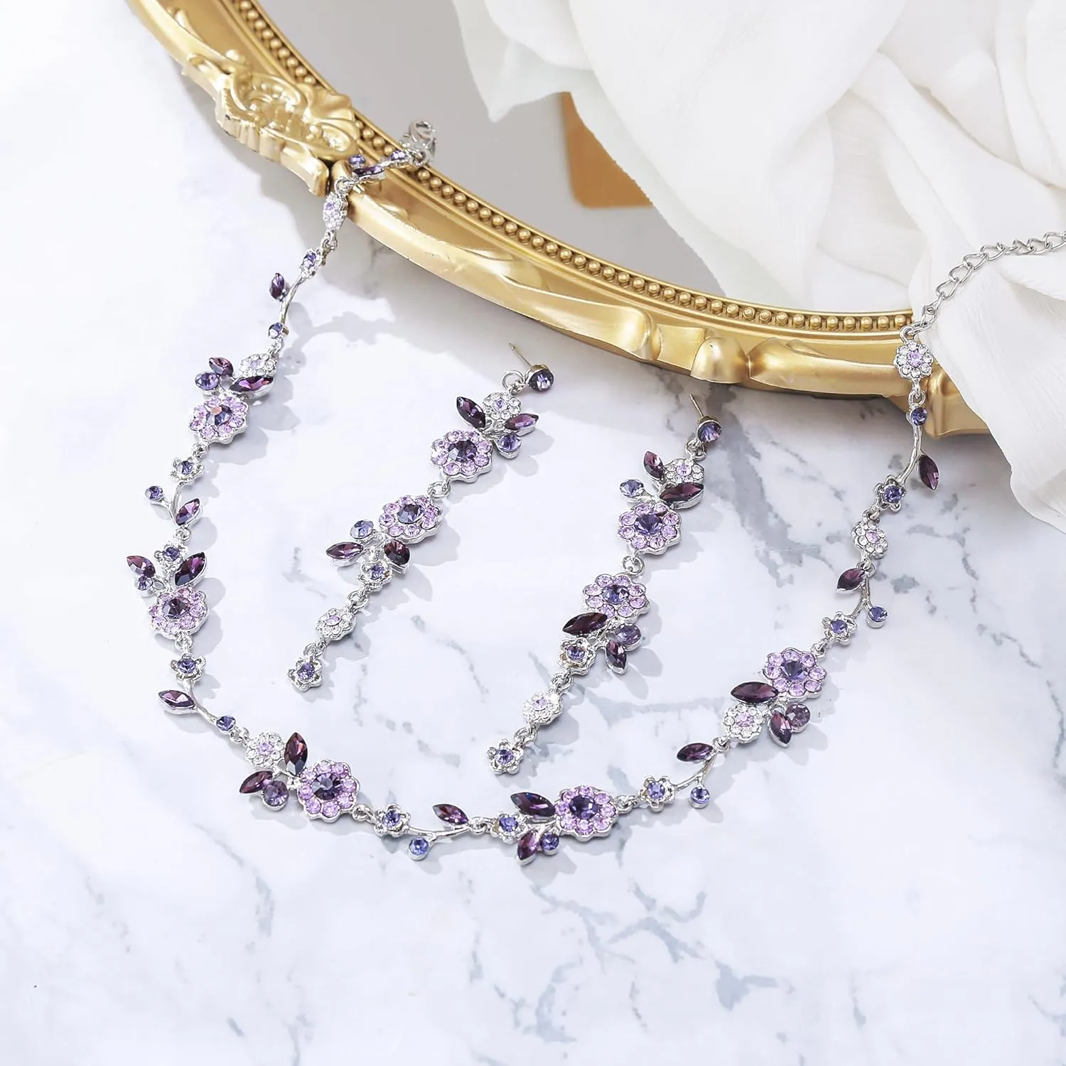 BriLove Flower Jewelry Set for Women,Gorgeous Stunning Crystal Elegant Flowers Marquise Cluster Statement Necklace Long Dangle Drop Earrings Party Prom Accessories