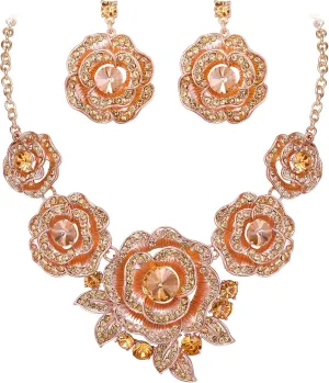 BriLove Gorgeous Stunning Crystal Layer Flower Cluster Statement Necklace Dangle Earrings Jewelry Set for Women Bridal Bridesmaid