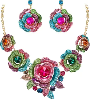 BriLove Gorgeous Stunning Crystal Layer Flower Cluster Statement Necklace Dangle Earrings Jewelry Set for Women Bridal Bridesmaid