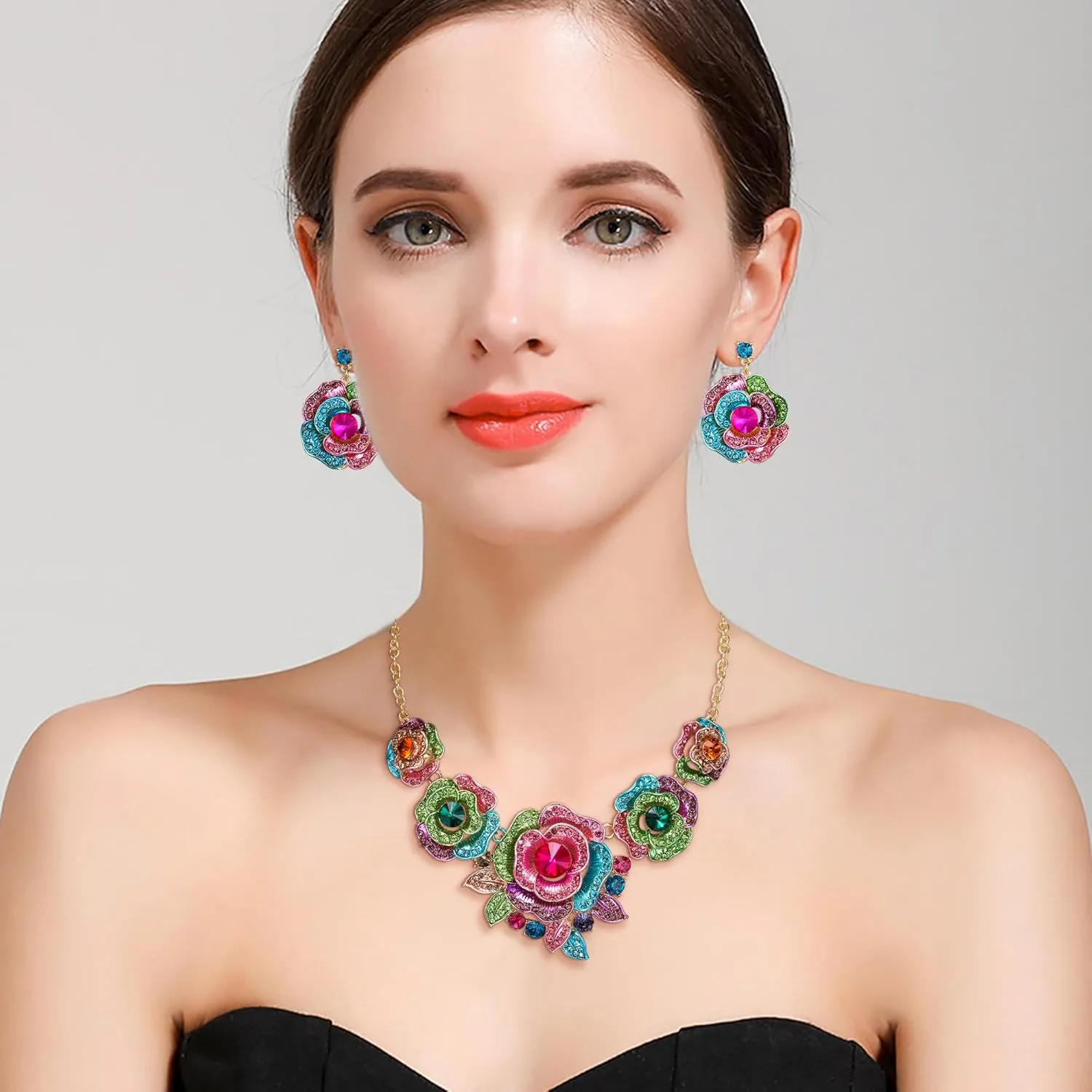 BriLove Gorgeous Stunning Crystal Layer Flower Cluster Statement Necklace Dangle Earrings Jewelry Set for Women Bridal Bridesmaid