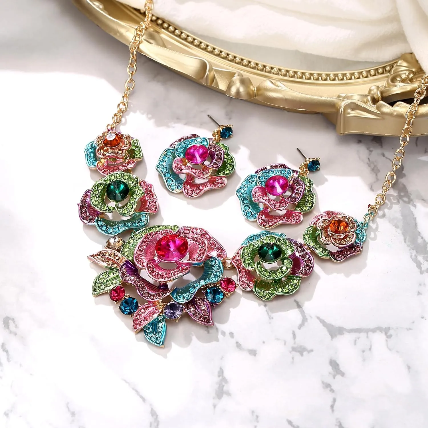 BriLove Gorgeous Stunning Crystal Layer Flower Cluster Statement Necklace Dangle Earrings Jewelry Set for Women Bridal Bridesmaid