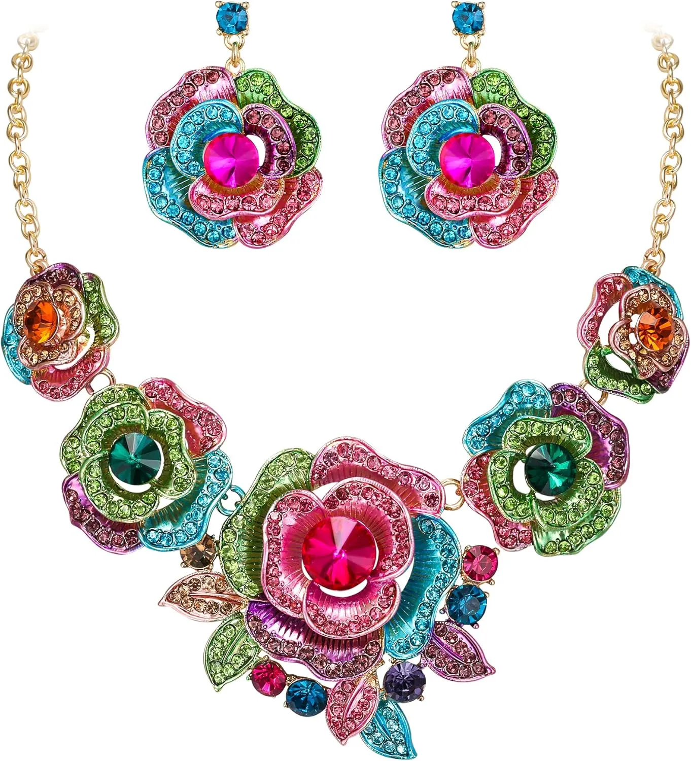 BriLove Gorgeous Stunning Crystal Layer Flower Cluster Statement Necklace Dangle Earrings Jewelry Set for Women Bridal Bridesmaid