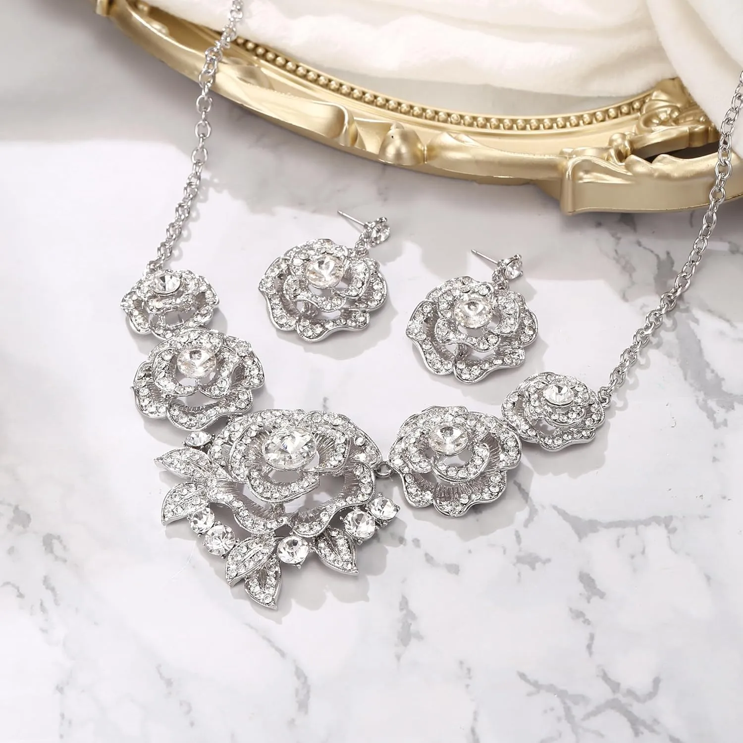 BriLove Gorgeous Stunning Crystal Layer Flower Cluster Statement Necklace Dangle Earrings Jewelry Set for Women Bridal Bridesmaid