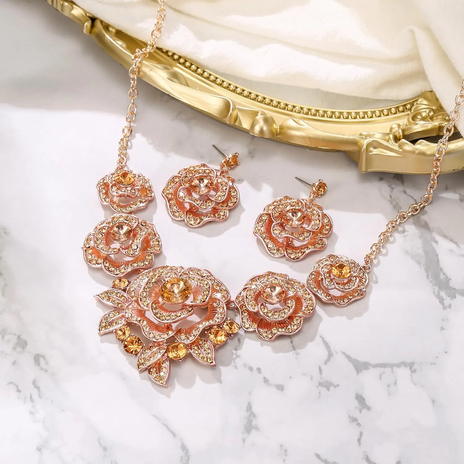BriLove Gorgeous Stunning Crystal Layer Flower Cluster Statement Necklace Dangle Earrings Jewelry Set for Women Bridal Bridesmaid