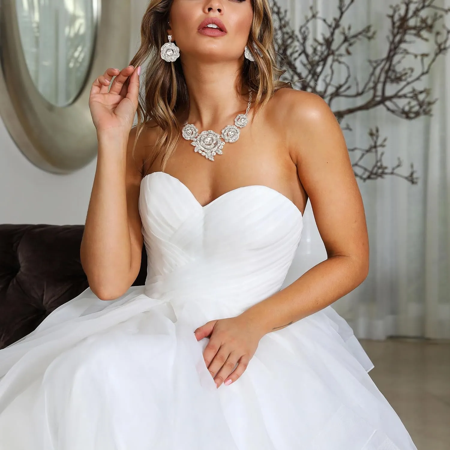 BriLove Gorgeous Stunning Crystal Layer Flower Cluster Statement Necklace Dangle Earrings Jewelry Set for Women Bridal Bridesmaid