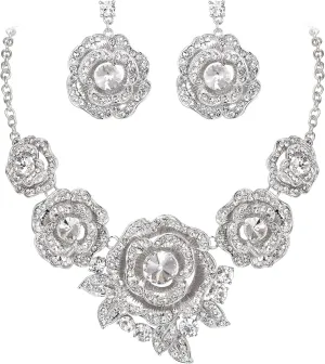BriLove Gorgeous Stunning Crystal Layer Flower Cluster Statement Necklace Dangle Earrings Jewelry Set for Women Bridal Bridesmaid
