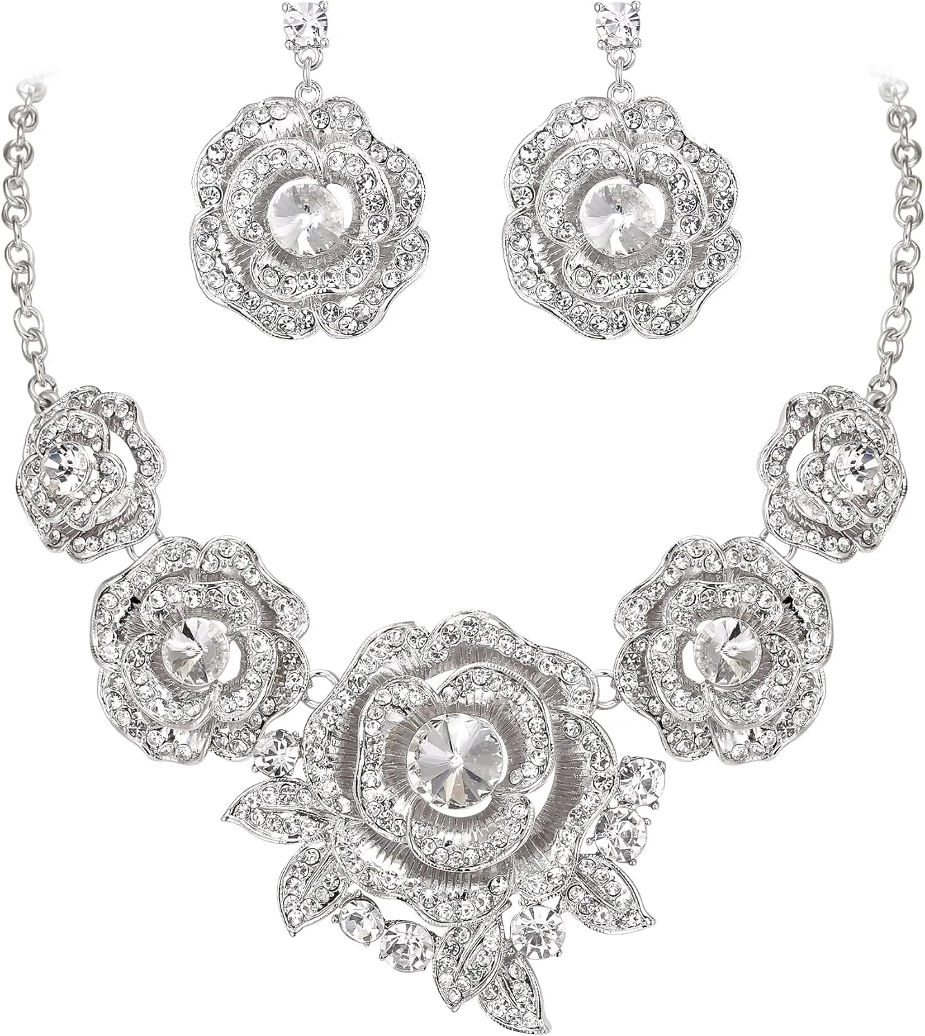 BriLove Gorgeous Stunning Crystal Layer Flower Cluster Statement Necklace Dangle Earrings Jewelry Set for Women Bridal Bridesmaid