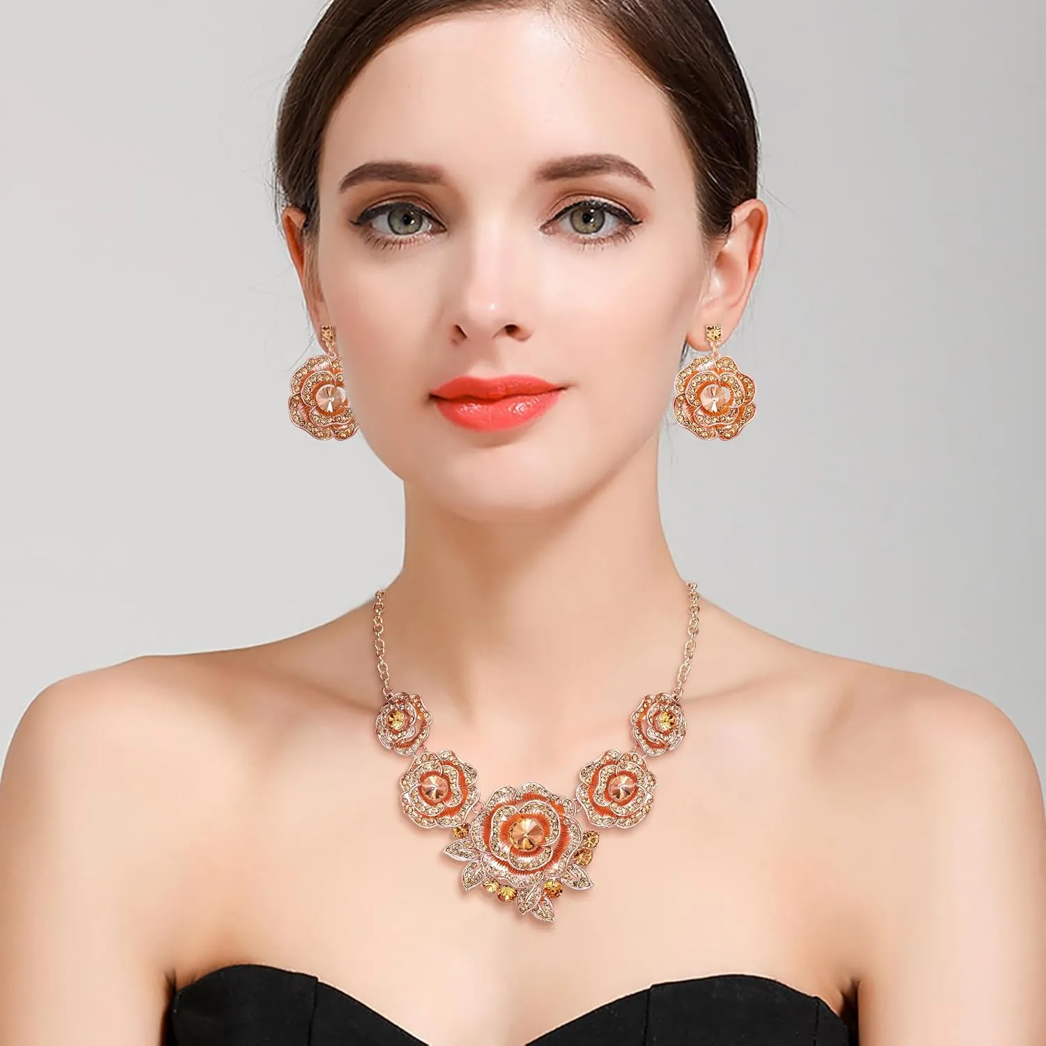 BriLove Gorgeous Stunning Crystal Layer Flower Cluster Statement Necklace Dangle Earrings Jewelry Set for Women Bridal Bridesmaid