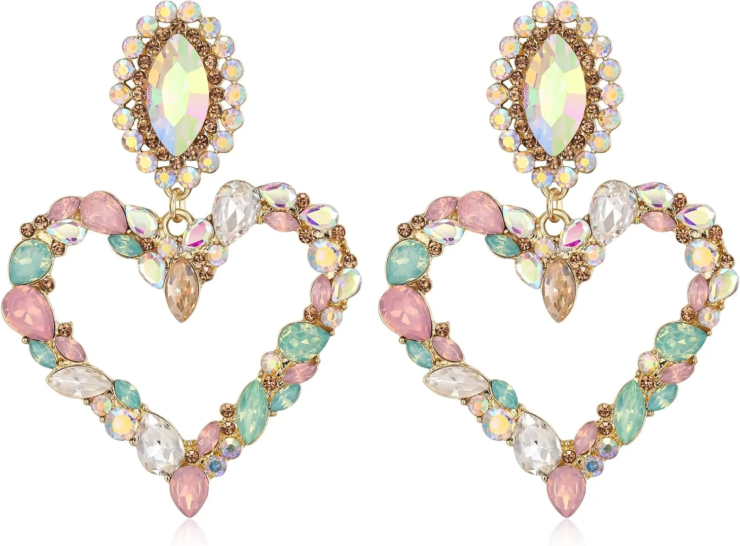 BriLove Stunning Gorgeous Large Heart Marquise Rhinestone Crystal Dangle Earrings for Women Brides Love Stud Iridescent AB Gold-Toned