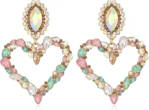 BriLove Stunning Gorgeous Large Heart Marquise Rhinestone Crystal Dangle Earrings for Women Brides Love Stud Iridescent AB Gold-Toned