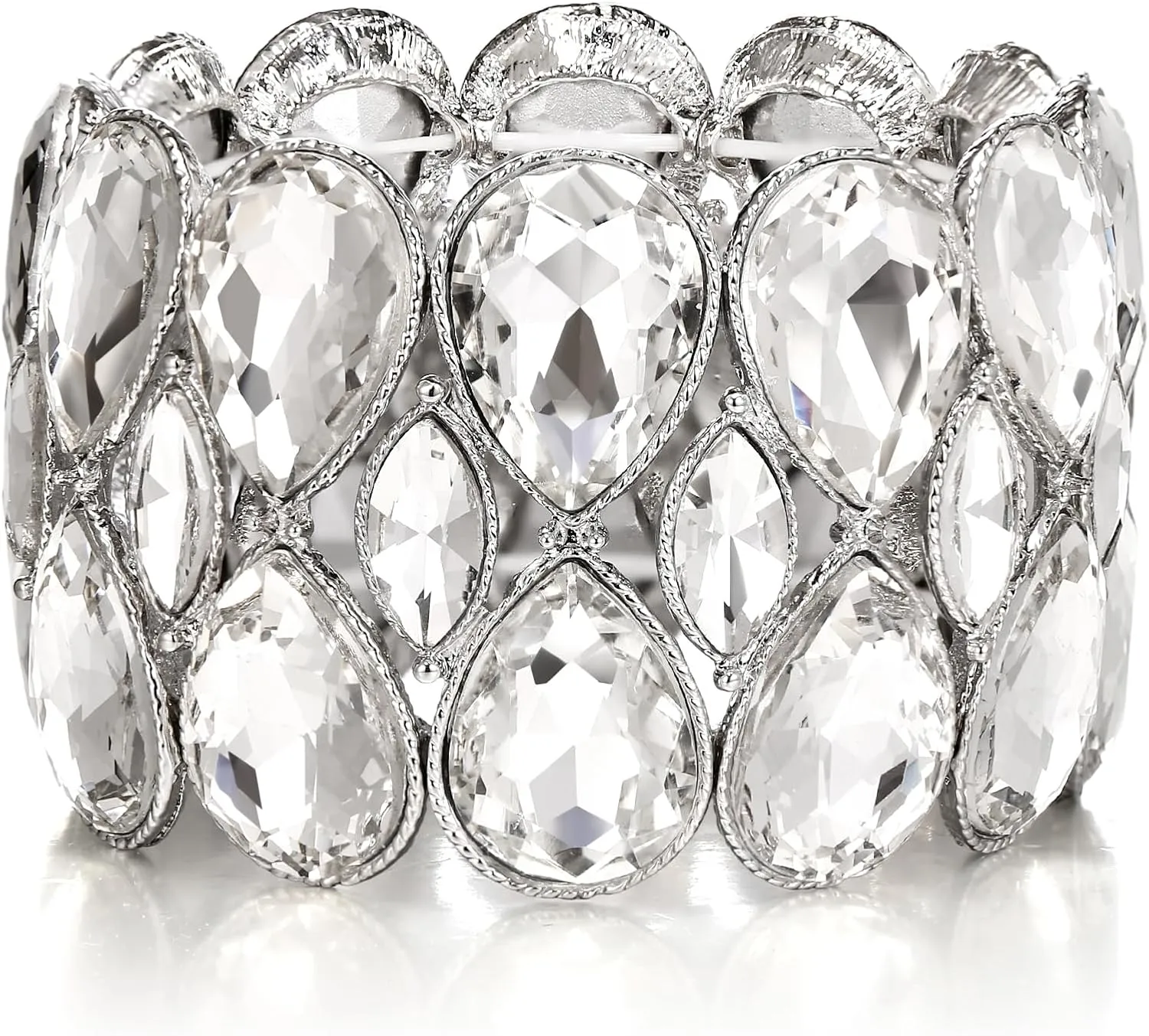 BriLove Wedding Bridal Stunning Crystal Double Row Water Drop Marquise Cluster Stretch Bangle Bracelet for Women Bride