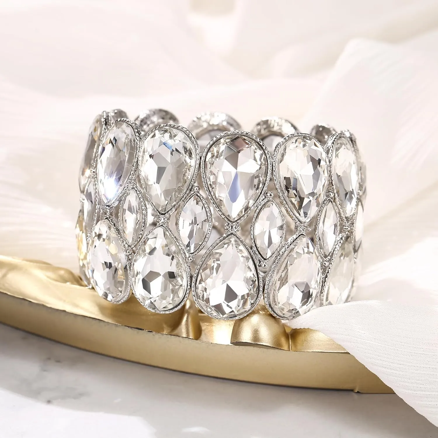 BriLove Wedding Bridal Stunning Crystal Double Row Water Drop Marquise Cluster Stretch Bangle Bracelet for Women Bride