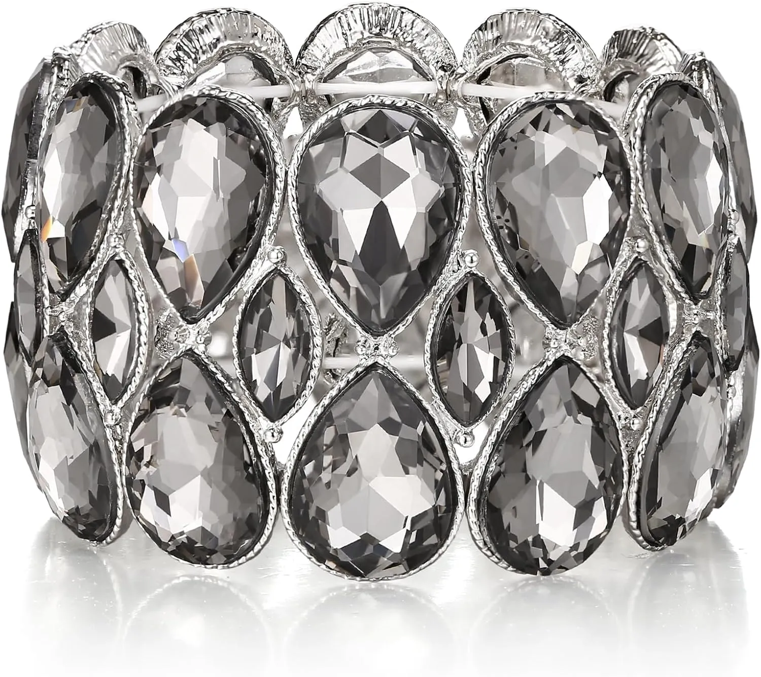 BriLove Wedding Bridal Stunning Crystal Double Row Water Drop Marquise Cluster Stretch Bangle Bracelet for Women Bride