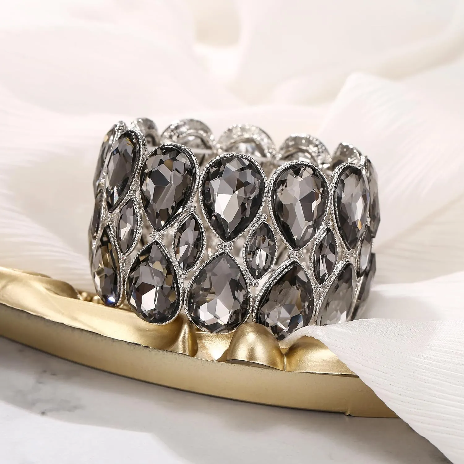 BriLove Wedding Bridal Stunning Crystal Double Row Water Drop Marquise Cluster Stretch Bangle Bracelet for Women Bride
