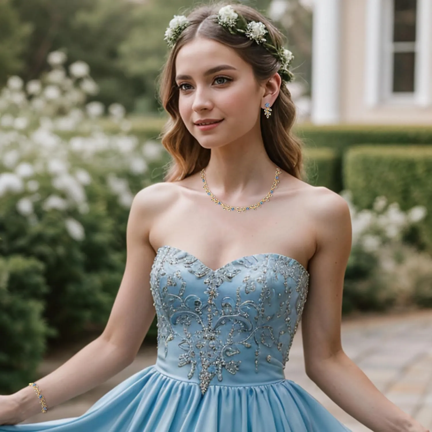 BriLove Wedding Jewelry Set for Women Bride, Gorgeous Stunning Crystal Flower Leaf Cluster Choker Necklace Link Bracelet Stud Earrings Bridal Bridesmaid