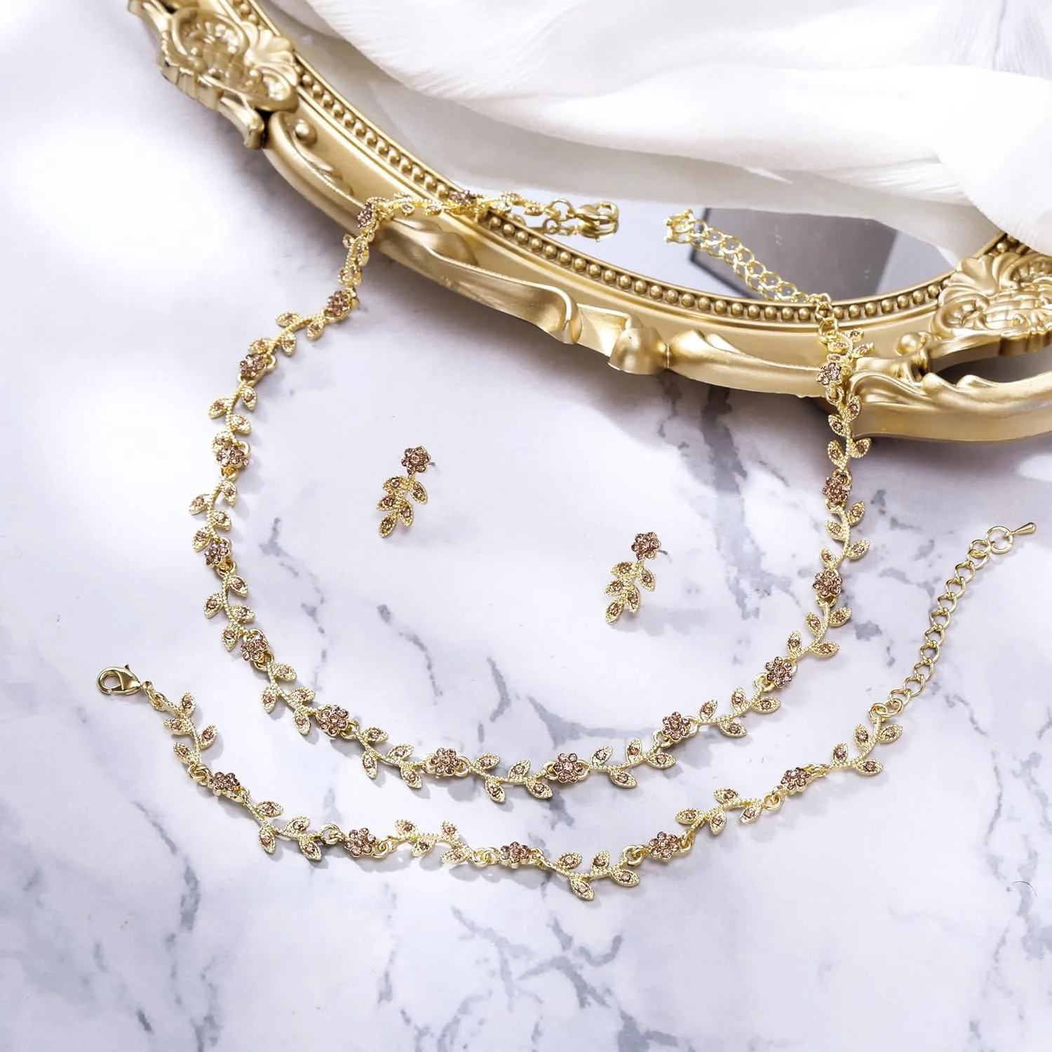 BriLove Wedding Jewelry Set for Women Bride, Gorgeous Stunning Crystal Flower Leaf Cluster Choker Necklace Link Bracelet Stud Earrings Bridal Bridesmaid