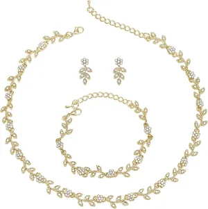 BriLove Wedding Jewelry Set for Women Bride, Gorgeous Stunning Crystal Flower Leaf Cluster Choker Necklace Link Bracelet Stud Earrings Bridal Bridesmaid