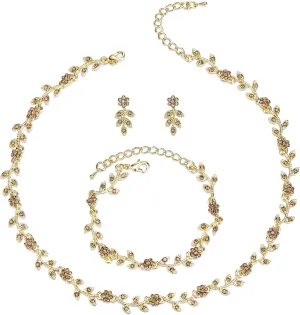 BriLove Wedding Jewelry Set for Women Bride, Gorgeous Stunning Crystal Flower Leaf Cluster Choker Necklace Link Bracelet Stud Earrings Bridal Bridesmaid