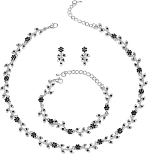 BriLove Wedding Jewelry Set for Women Bride, Gorgeous Stunning Crystal Flower Leaf Cluster Choker Necklace Link Bracelet Stud Earrings Bridal Bridesmaid