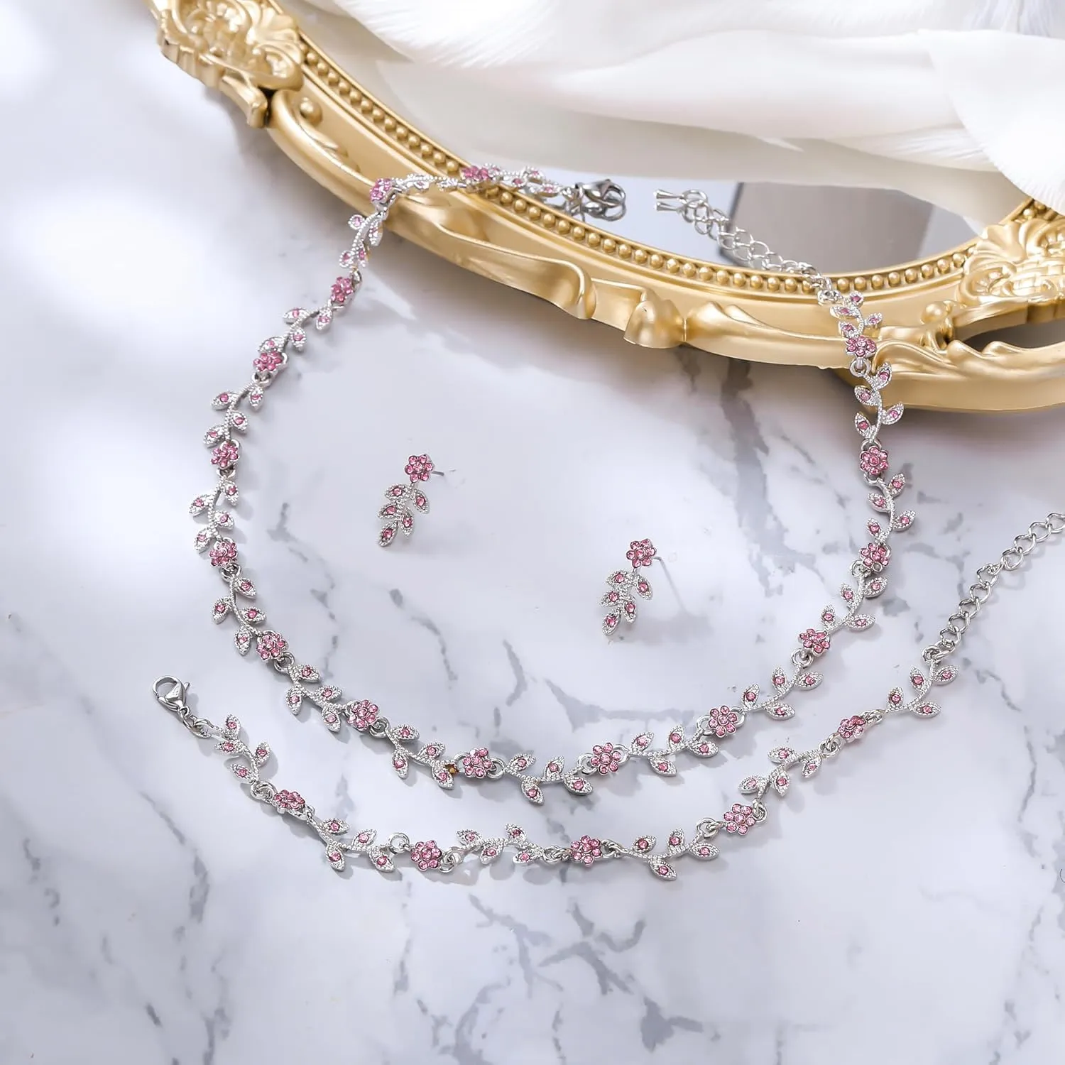 BriLove Wedding Jewelry Set for Women Bride, Gorgeous Stunning Crystal Flower Leaf Cluster Choker Necklace Link Bracelet Stud Earrings Bridal Bridesmaid
